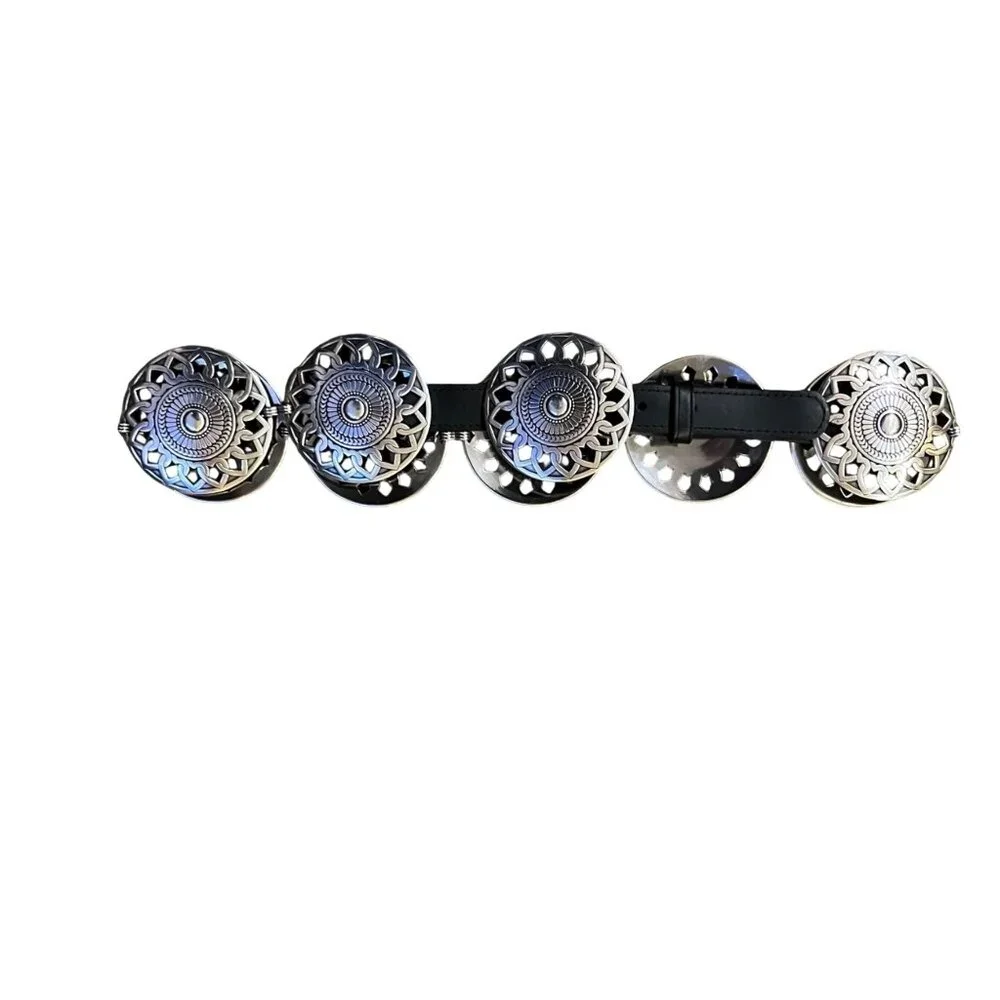 Black Faux Leather Concho Belt Womens 4/6? Boho Southwest Silver Tone Used Y2K - Picture 4 of 16